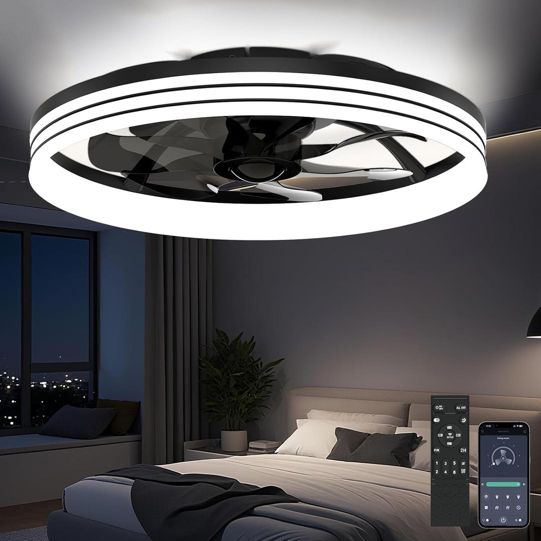 AIKVSXER Ceiling Fan with Light,20" Flush Mount Ceiling Fan,6 Speeds,3000-6500K Dimmable LED, App & Remote Control, Quiet DC Motor, for Bedroom, Living Room Modern Ceiling Fans with Lights (Black, Count of 2)