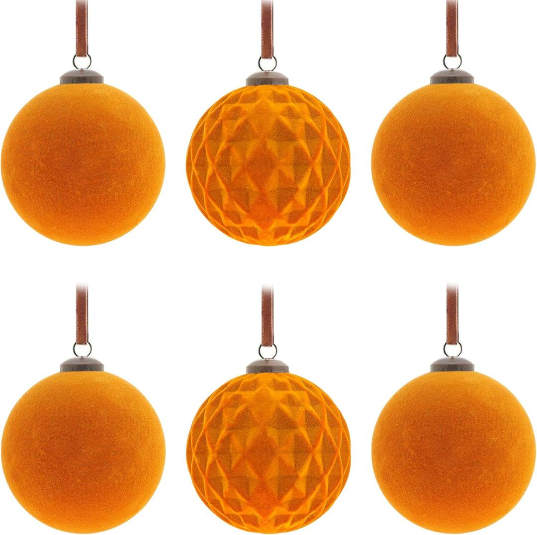 6Pcs Large Velvet Christmas Ball Ornaments 4" Copper Orange Flocked Ornaments Set for Christmas Tree with 10Pcs Velvet Bows Shatterproof Xmas Hanging Decorations for Home Fall Tankgiving Holiday Dcor