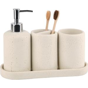 Bathroom Accessories Set,4 Piece Travertine Stone Look Bathroom Accessory Set with Soap Dispenser,Toothbrush Holder,Vanity Tray,Tumbler,Bathroom Organizer for Modern Bathrooms - Beige