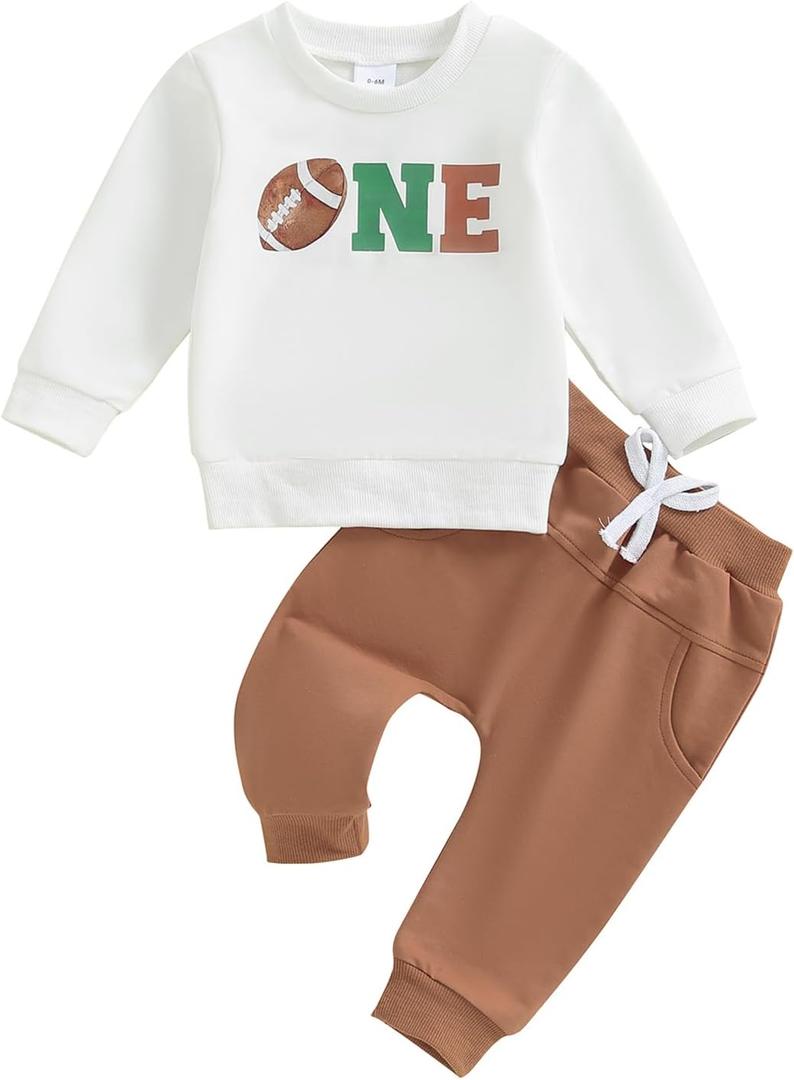 YOKJZJD Baby Boy First Birthday Outfit One Football Sweatshirt Long Sleeve T-Shirt Pants Set Fall 1 Year Old Birthday Clothes, 6-12 Months