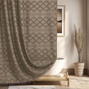 Boho Farmhouse Shower Curtain, 72 x 72 Tufted Chevron Textured Striped Modern Minimalist Cloth Shower Curtain for Bathroom (Khaki)