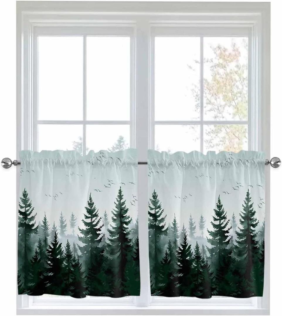 Pine Tree Forest Kitchen Curtain 24 Inch Length Small Short Cafe Tiers Curtains Drape, 2 Panel Window Treatment Rod Pocket Drapery Panels Curtains, Green Landscape Nature Decor 55x24
