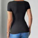 SOLY HUX Women's T Shirt Metal Flower Sweetheart Neck Short Sleeve Ruched Tee Slim Fit Going Out Summer Tops (Black, L)