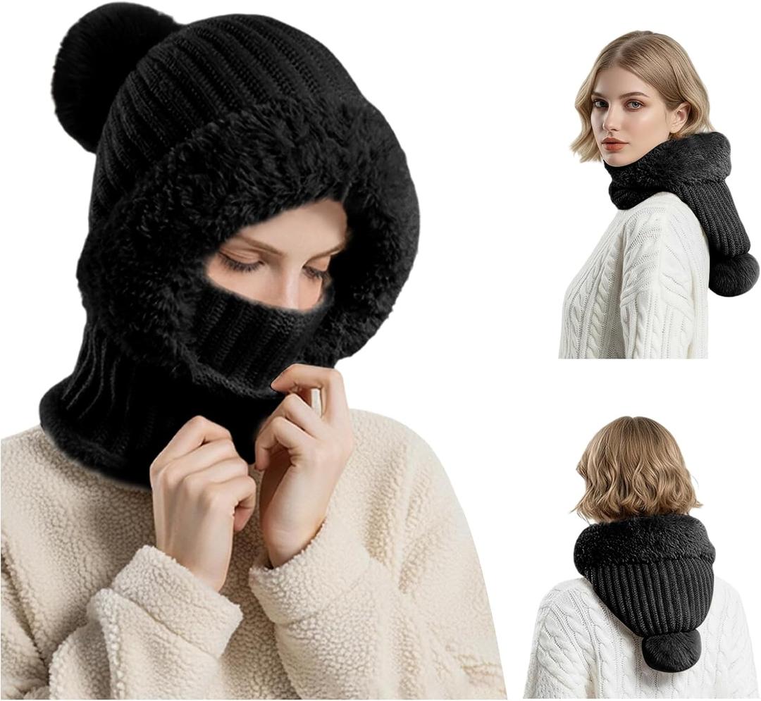 3 in 1 Beanie Hat for Women - 2025 New 3 in 1 Beanie Hat with Scarf and Mask, Fleece Lined Knit Windproof Scarf Hat (Black)