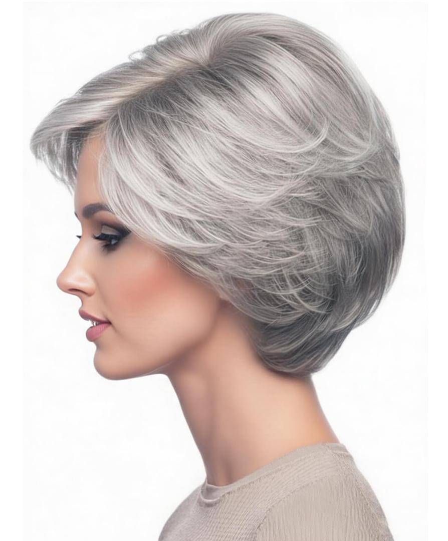 SEVENCOLORS Short Grey Wigs for White Women Layered Mixed Silver Pixie Cut Wigs Natural Wavy Short Gray Synthetic Hair Wig for Older Women