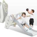 Onasti Kids Slide for Toddlers Age 1-3 Indoor Baby Plastic Slide Outdoor Climber Freestanding Playset with Basketball Hoop & Ring Game Grey