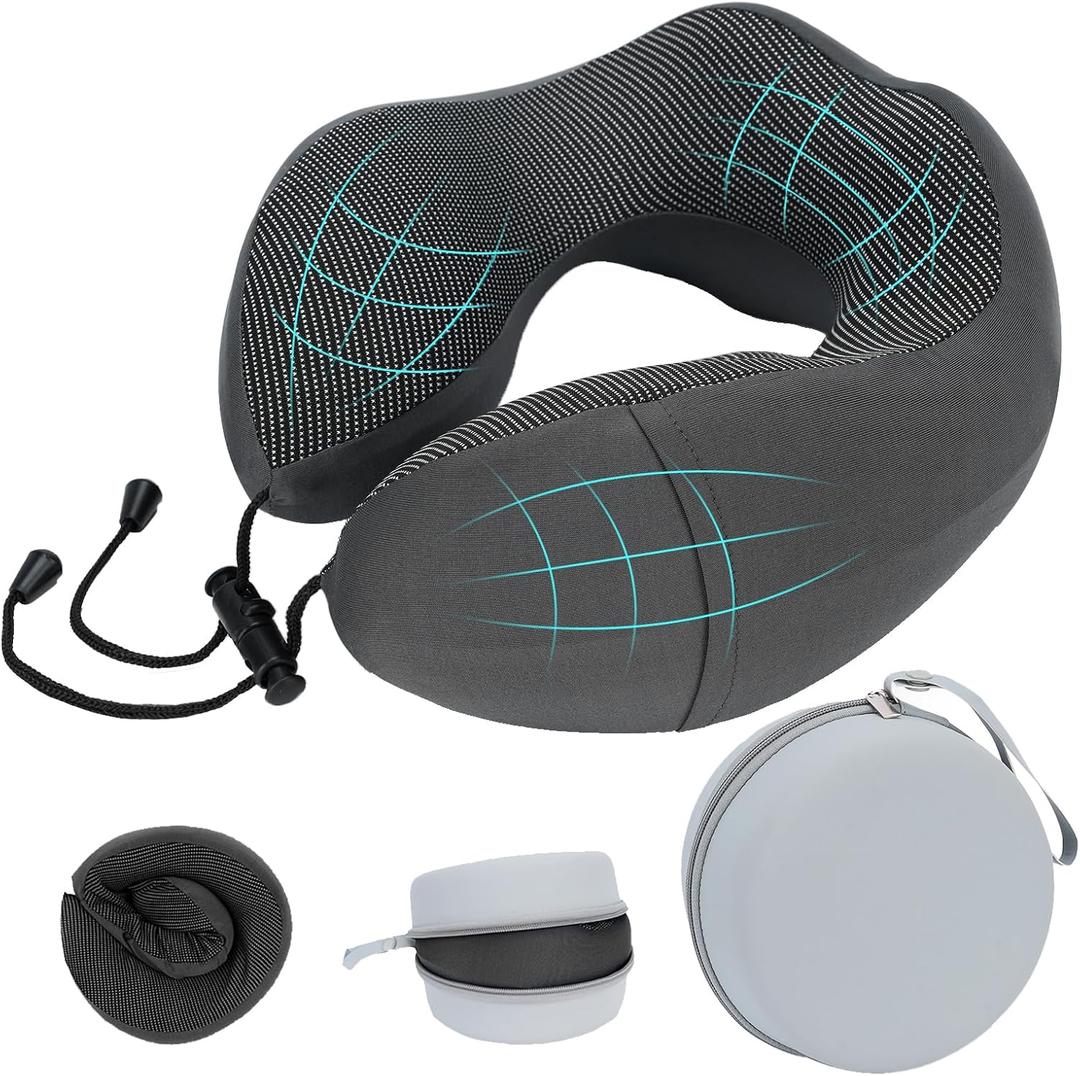 Travel Neck Pillow for Airplanes,100% Memory Foam Neck Support Pillow,Ergonomic U-Shaped 360 Neck Support,Portable with Storage Box,for Flight,Car,Train,Office & Home (Dark Gray)