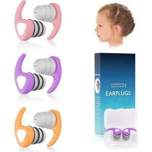 Swimming Ear Plugs for Kids, 3 Pairs Waterproof Reusable Silicone Swim Ear Plugs for Pool Bath Showering Surfing for 4-12 Years Olds Children (Pink Purple Orange)