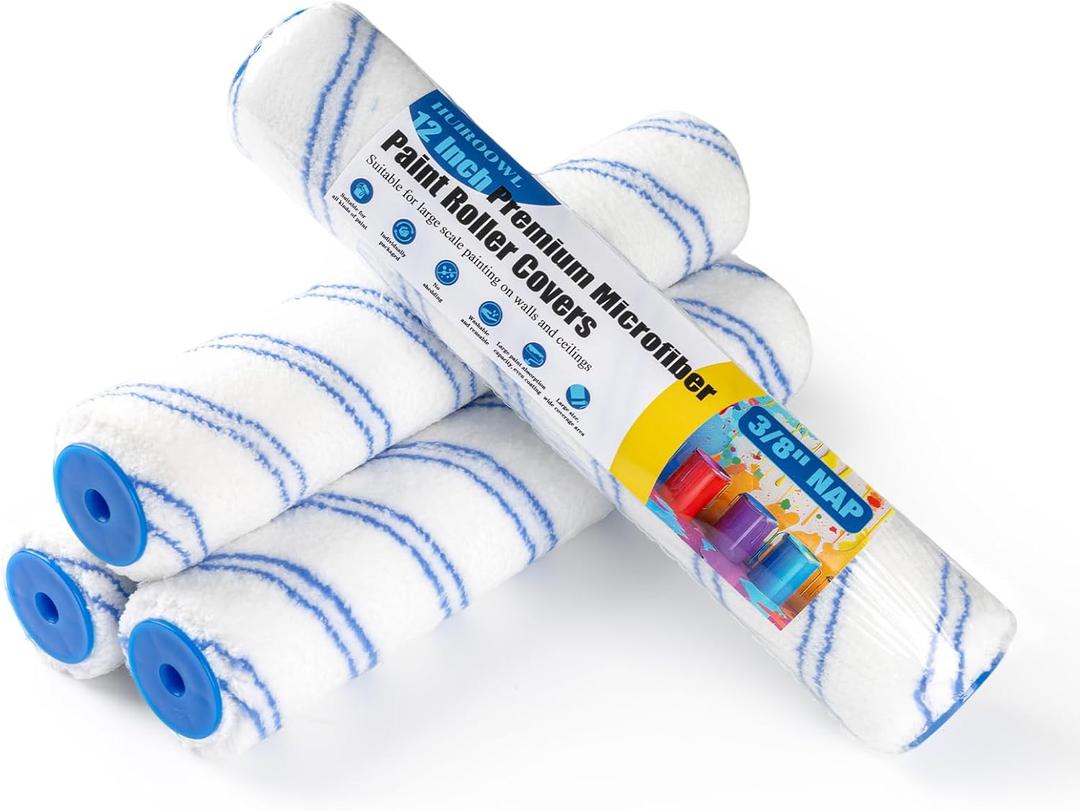 12 Inch Microfiber Paint Roller Covers (4 Pack) - 3/8 Nap for All Types of Painting Surfaces, Lint-Free & Easy Clean, Ideal for Walls, Ceilings & Large Area Painting