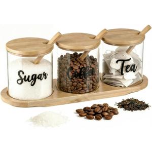 LemonRoad 3 Pack Coffee Sugar Tea Container Set Glass Jars with Bamboo Tray Decorative Container with Lid and Spoon Clear Condiment Jars Storage for Coffee Bar Drink Station Countertop Home Decor