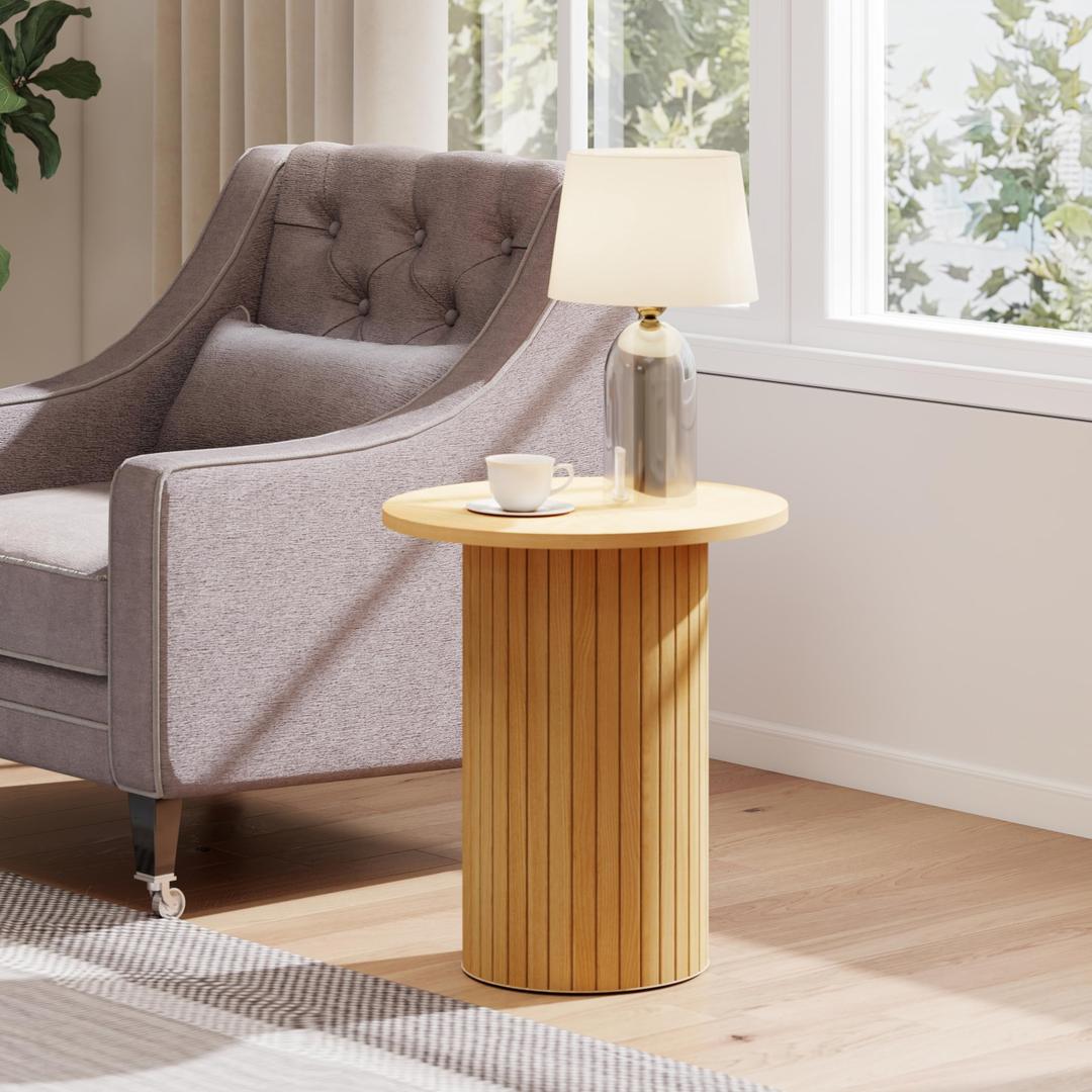 COVLON Round Side Table, Fluted Drum End Table, Tambour Accent Table