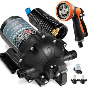 [Upgraded Version] Fresh Water Pump with Spray Gun, 12V DC Water Pump, 6.5GPM 70PSI Five Chamber Self-Priming Diaphragm Water Pump with Heavy Duty Pressure Switch and Strainer