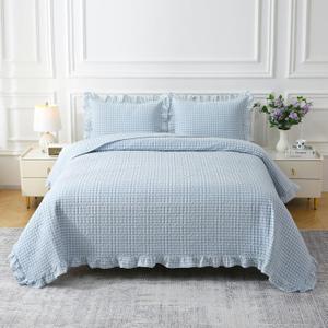 Light Blue White Ruffle Gingham Quilt Set Queen Size with 2 Pillow Shams, 100% Washed Cotton Yarn-Dyed Quited Bedspread Farmhouse Bedding Set (Light Blue, Queen) | Ruffle quilt, Gingham quilt, 100% washed cotton
