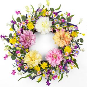 LLZLL Spring Wreaths for Front Door 22 Inch Spring Wreath Artificial Summer Wreath with Colorful Dahlia Daisy and Forsythia for Farmhouse Home Holiday Decorations (Multicolor-4)