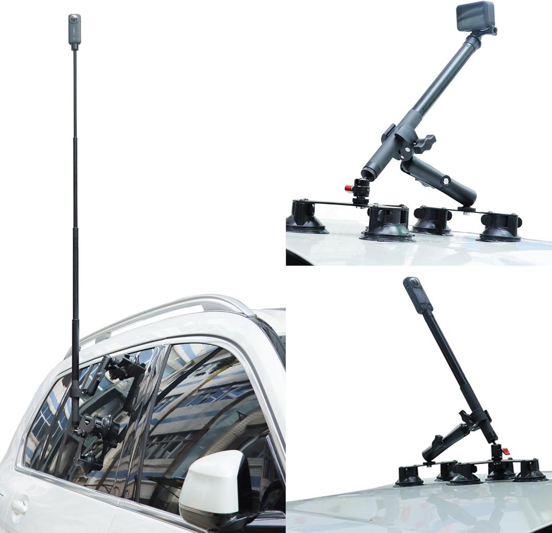 Suction Car Mount for Camera Insta360 X5/X4/X3/X2/GO 3/ONE/RS Compatible with Gopro Max 360 Outside Car Mount with 67 Invisible Selfie Stick 5 in 1 Suction Camera kit for Action Camera