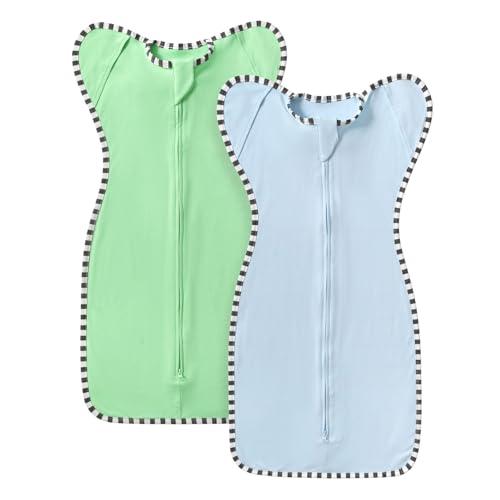 QUENESS Transition Swaddle, 2 Pack 100% Cotton Baby Sleep Sack, 2-Way Zipper Infant Arm Up Swaddle for Newborn Baby Boys Girls (Blue + Green, S(0-3 Months))
