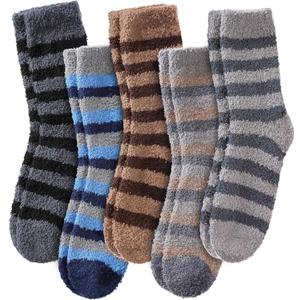LINEMIN Mens Fuzzy Socks Cozy Fluffy Winter Warm Slipper Socks Microfiber Soft Home Sleeping Socks 5/6 Pairs (One Size, Blue/Brown/Black/Grey Stripe)