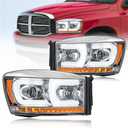 LED DRL Headlight Compatible with 2006-2008 Dodge Ram 1500 2500 3500 Left Right Side Replacement Headlamp w/Running Light Bar Chrome Housing Amber Reflector need H1 Bulb