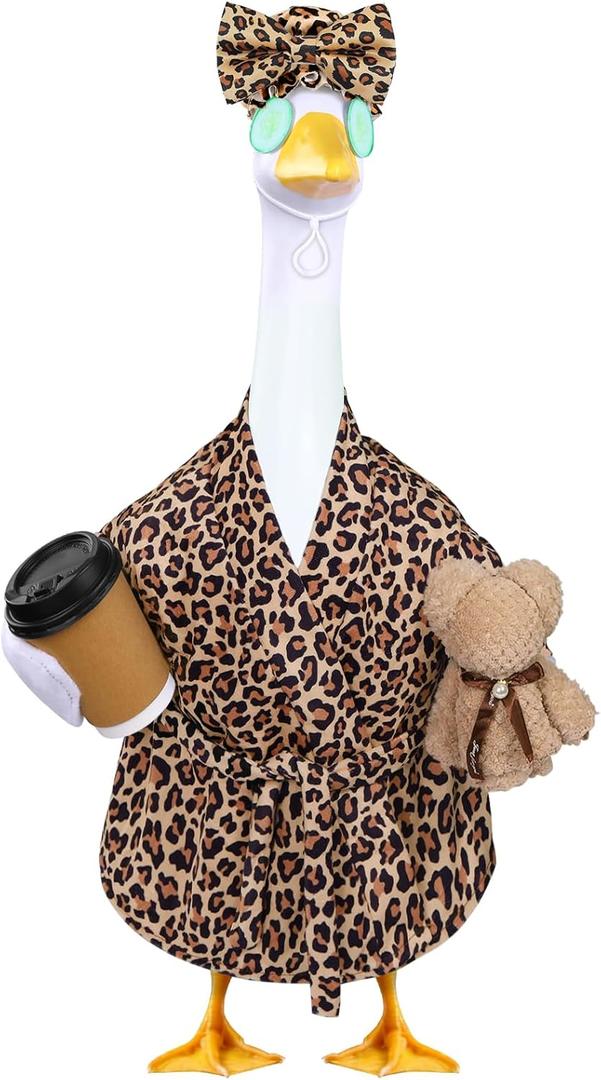 Celltestria Lady Goose Outfits for 23" Geese Bathrobe Brown Leopard Porch Goose Costume Coffee Cup Bear Cucumber Eye Mask Goose Clothes for Outdoor Patio Yard Lawn Garden Decoration