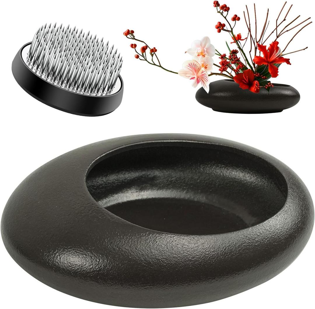 Flower Frog Vase Kit, Ikebana Floral Arrangement Ceramic Water Drop Pot Flower Arrangement Vase Kit (Dark Brown Large Size)