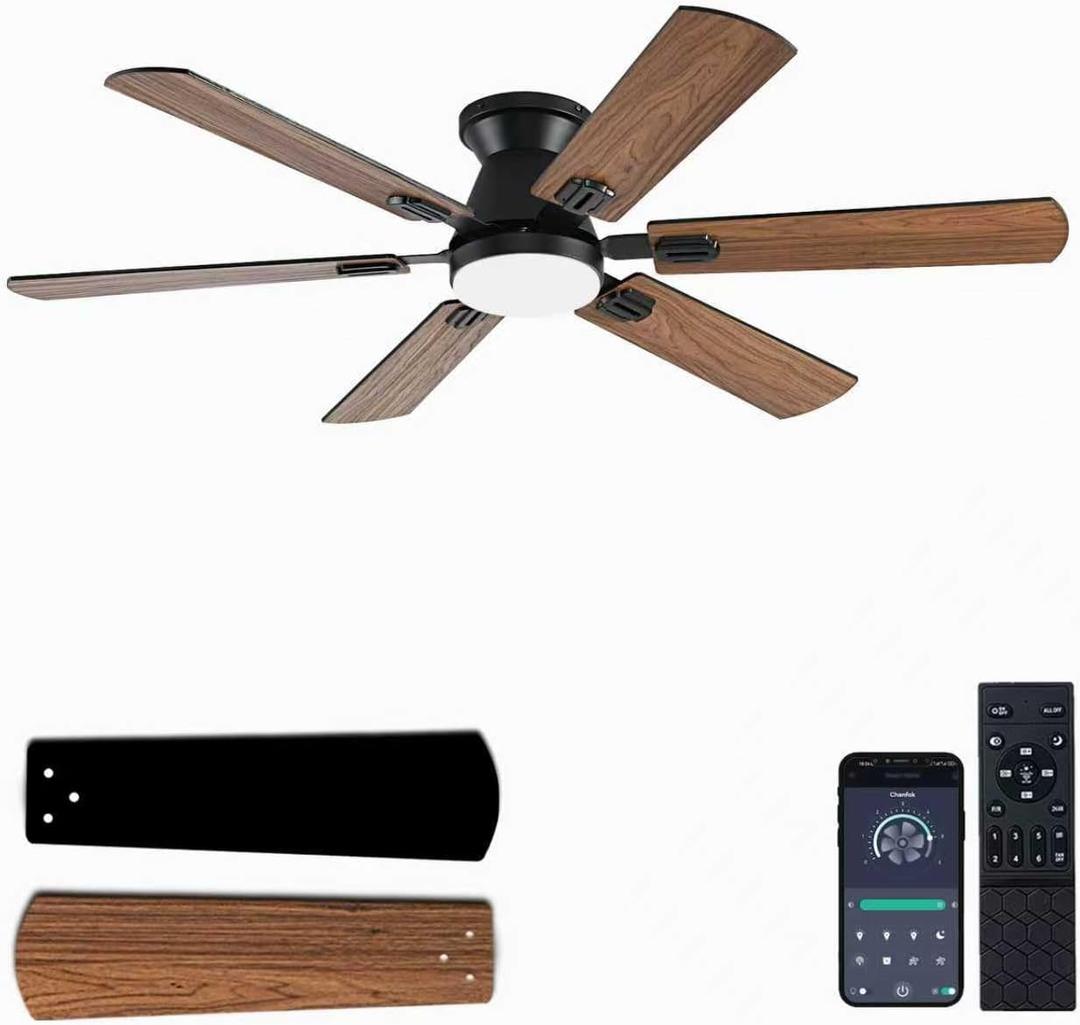 KNUN 56 inch Ceiling Fans with Lights, Brown Flush Mount Ceiling fan with Light and Remote/APP Control, 3CCT, Dimmable, Noiseless, Low Profile Ceiling Fan for Bedroom, Patio, Indoor/Outdoor Use