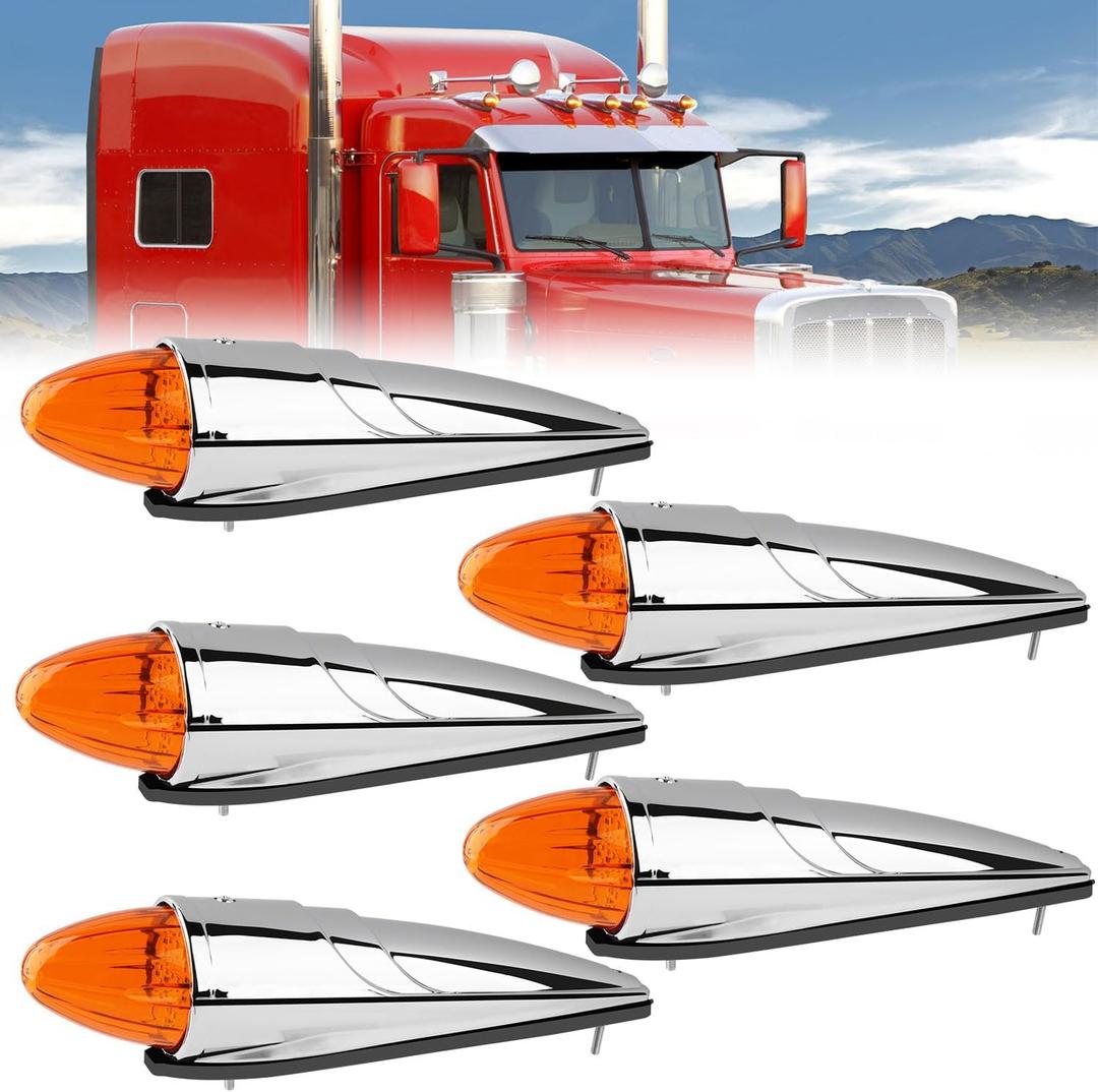 5pcs Amber Torpedo Cab Marker Lights Chrome 17 LED Truck Roof Top Clearance Running Lights Assembly Super Bright Compatible with Peterbilt Kenworth Freightliner Trucks Waterproof