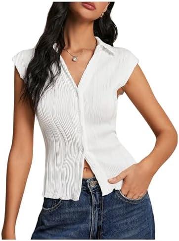 MakeMeChic Women's Textured Cap Sleeve Collared Slim Fit Button Down Shirt Tee Tops, Medium 