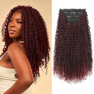 FLUFYMOOZ Clip in Hair Extensions, 20" 4PC 100 Pure Protein Silk Hair Extensions for Black White Women Long Soft Curly Hair Extension Hairpiece(Wine Red)