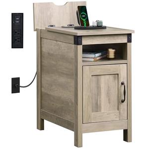 WLIVE Farmhouse End Table with Charging Station, Narrow Side Table for Living Room, Bedroom, Small Nightstand with Storage, USB Ports and Outlets, Small Wooden Cabinet, Greige