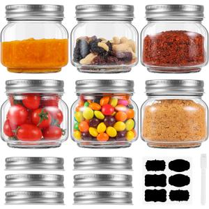 6 Pack Small Mason Jars with Labels, 8 oz Glass Jars with Airtight Lids, Half Pint Canning Jars for Jelly, Jam, Honey, Pickles, Spice, Overnight Oats, Food Storage, Candle & DIY Present