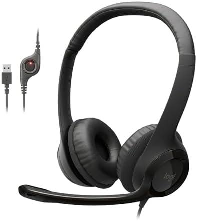 Logitech H390 Wired Headphones with Mic, USB-A Headset with Microphone for PC, Noise Cancelling Microphone for Video Meetings, Music, Gaming - Black