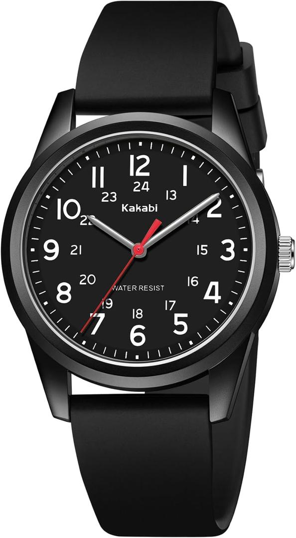 Watches for Mens Womens Unisex Easy to Read Analog Quartz Wristwatch Silicone Strap Military 24 Hour Time Casual Comfortable 30M Waterproof (Black)