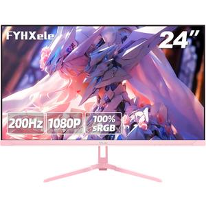 FYHXele 24 inch 200Hz Gaming Monitor, FHD 1080P Fast IPS PC Gaming Monitor, 1ms, freesync, 99% sRGB, USB/DisplayPort/HDMI/Eye Care/VESA Mountable-Pink