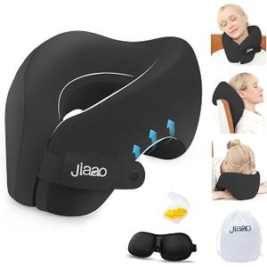 jiaao Neck Pillow Airplane, Memory Foam Travel Neck Pillows for Long Flight, 3D Eye Masks, Ear Plugs and Portable Drawstring Bag, Napping Pillow for Home, Road Trips, Sleep Rest and Travel Use, Black