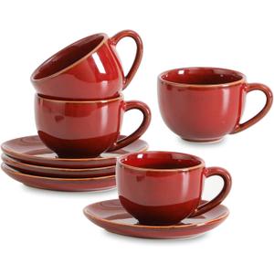 vicrays 6.5 oz Cappuccino Cups with Saucers, Set of 4, Ceramic Coffee Cup for Au Lait, Double shot, Latte, Cafe Mocha, Tea (Cherry Red)
