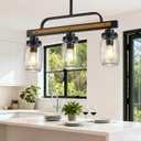 3-Light Farmhouse Dining Room Chandelier, Black Mason Jar Chandelier Lighting Fixture for Kitchen Island, Dining Table, Rustic Linear Cluster Hanging Pendant Light, Faux Wood with Glass Shade