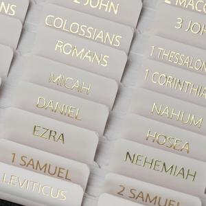 UPAFEXXI-Laminated Bible Tabs with Book Summaries(3D Gold Foil Embossed Lettering), Bible Tabs for Women and Men, Reposition Large Print Stickers, Easy to Read, 80Chapters Labels for Easy Navigation
