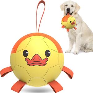 QDAN Soccer Ball with Straps, Interactive Dog Toys for Tug of War, Puppy Birthday Gifts, Medium & Large Dog - Duck (8 Inch) (Large Size 3, Yellow-Duck)