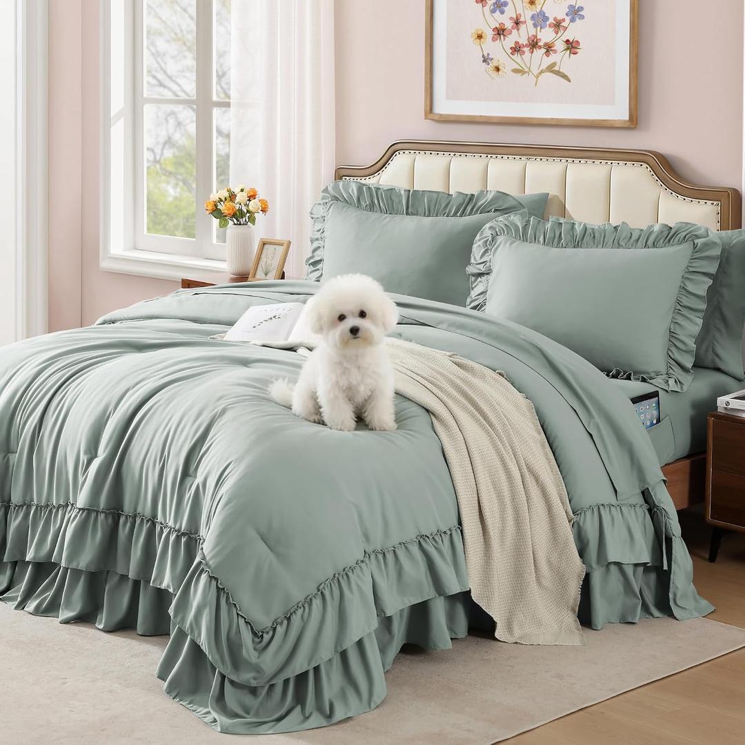 AMBERSPACE King Size Comforter Set Sage Green, Ruffle Shabby Chic Bedding Set Farmhouse 7 Pieces, All Season Fluffy Bed in a Bag with Sheets, Pillowcases & Shams