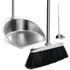 Broom and Dustpan Set for Home, Upright Broom and Dust Pan with Long Handle, Heavy Duty Stainless Steel Dustpan with Broom Combo Set for Sweeping Indoor Outdoor Kitchen Lobby Floor, Black