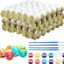Fovths 90 Pieces White Plastic Eggs Easter Eggs Unpainted Fake Eggs with Paper Tray Brushes and Paints for Crafts Easter Hunts Basket Fillers Easter Gift and Party Favors