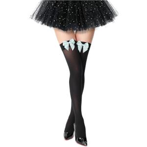 2 x Women's Satin Bows Thigh High Stockings Hold-ups Snag-Resistant Knee High Long Socks (Black)