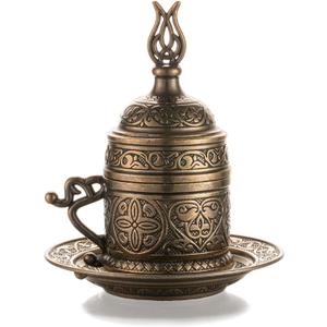 Moroccan Style 2 Oz Metal Porcelain Espresso Cups, Turkish Greek Arabic Coffee Cups with Lid and Saucer, Small Demitasse for Double Shot, Latte, Cafe Mocha, Tea, Gifts for Men Women (Antique Brass)