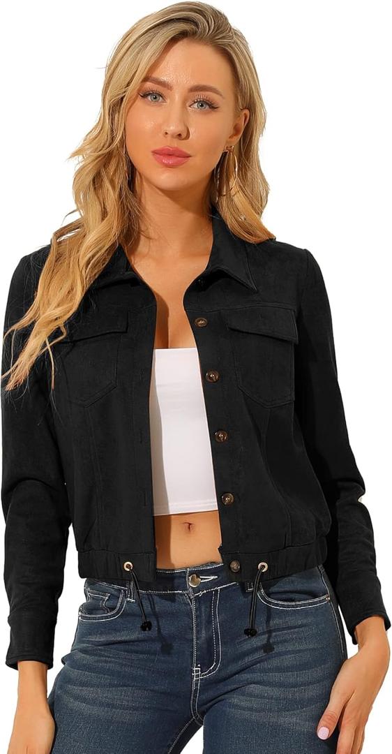 Allegra K Women's Faux Suede Point Collar Button Down Cropped Moto Biker Jacket Large Black