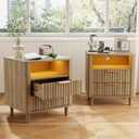 CozyMine Fluted Nightstand Set of 2, 2 Drawers Storage Bedside Table with Charging Station, Wood Modern Nightstand with Open Shelf, Curved Profile Design, End Table for Indoor Room Bedroom, Oak