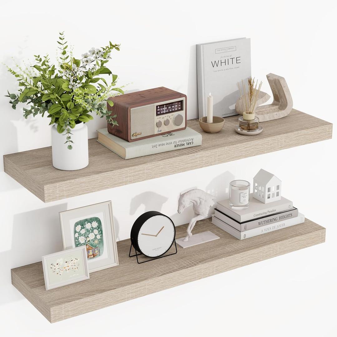 36 Inch Floating Shelves, 3D Textured Wood Grain, 36"x9.25"x1.5" Inch Deep Floating Shelves for Wall, Wooden Shelves for Bathroom, Bedroom, Living Room, Vintage White Oak, 2 Pieces