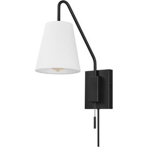 Globe Electric 65000043 1-Light Plug-in or Hardwire Wall Sconce, Matte Black, White Fabric Shade, Swing Arm, 6ft Black Braided Fabric Cord, On/Off Pull Chain, Wall Lights for Living Room, Home Dcor