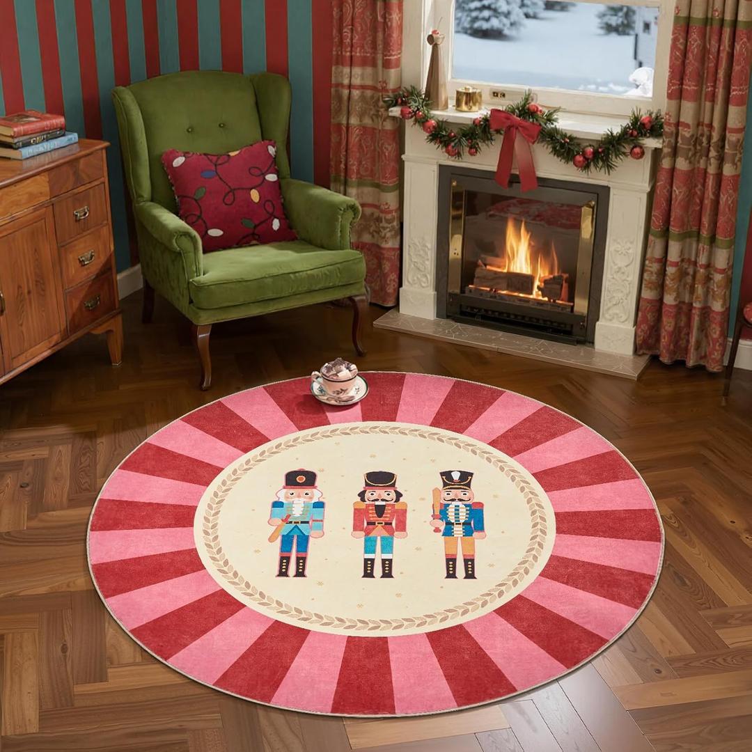 jinchan Round Christmas Rug 3ft for Entryway Nutcracker Washable Circle Christmas Kitchen Rug 3' Round Green Blue Xmas Doormat Non-Slip Soft Carpet Soldier Holiday Decor for Porch Bedroom