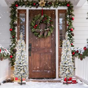 QBA 2 Pack 4FT Prelit Flocked Christmas Tree, Slim Pencil Christmas Tree with 200 Warm White Lights, 190 PVC Branches, Artificial Xmas Tree for Home Office Porch Party Holiday Decoration