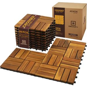 9Pcs Acacia Wood Interlocking Patio Deck Tiles, 12 x 12 x 0.9 Inch Outdoor Flooring, Waterproof for All-Weather Use  Crossed, Natural